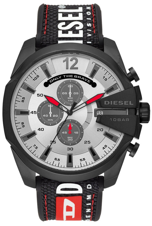 Diesel DZ4512 Mega Chief Chronograph Men's Watch – Silver Dial & Black Leather Strap
