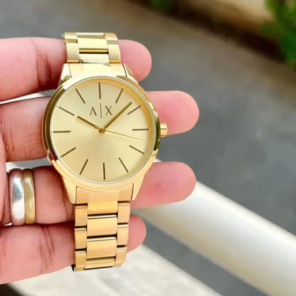 Armani Exchange Cayde AX2707 Men's Analog Watch – Gold Dial with Coordinated Gold Stainless Steel Strap