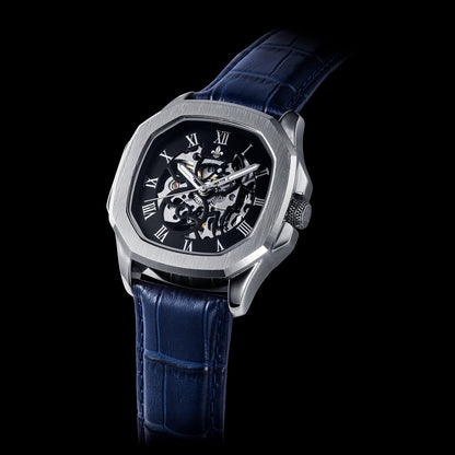 Blue Croc Pattern Leather Strap With Silver Buckle